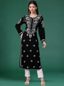 PARAMOUNT CHIKAN Floral Embroidered Notch Neck Chikankari Straight Kurta