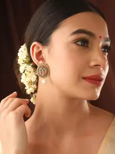 Priyaasi Gold-Plated Contemporary Stone Studded & Pearls Drop Earrings