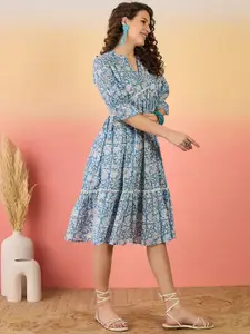 Sangria Floral Printed Lace Detail Tiered Pure Cotton Drop-Waist Dress