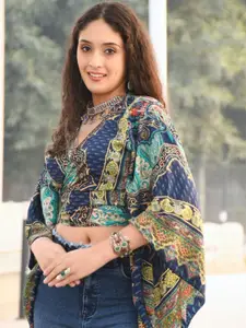 Boholyfe Tropical Print Kimono Sleeve Bohemian Wrap Crop Top