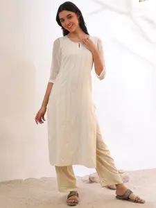 AURELIA Striped Thread Work Keyhole Neck Straight Kurta