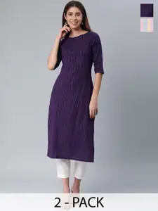 KALINI Selection Of 2 Striped Round Neck Straight Kurtas