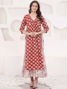 SAVI Floral Printed Cotton Gotta Patti V-Neck Empire Kurta With Tiered Inner