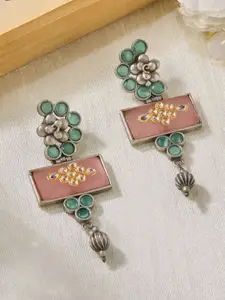 Priyaasi Silver Plated Contemporary Oxidized Kundan Stone Studded Drop Earrings
