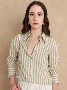 RAREISM Women Comfort Fit Spread Collar Vertical Striped Cotton Formal Shirt