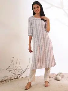 AURELIA Ethnic Motifs Printed Round Neck Yarn Dyed Straight Kurta