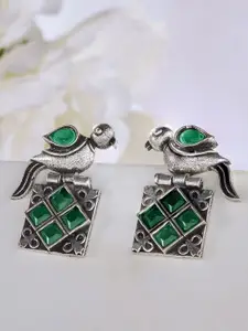 Priyaasi Silver-Plated Emerald Stone Studded Contemporary Oxidized Drop Earrings
