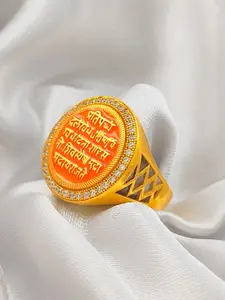 Saizen Men Stainless Steel Gold-Plated Stones Studded Bhagwa Rajmudra Finger Ring