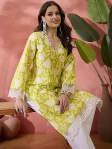 Sangria Black Floral Printed V-Neck Thread Work Pure Cotton Straight Kurta