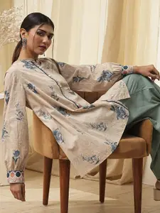 Biba Women Floral Printed Mandarin Collar Longline Cotton Casual Top