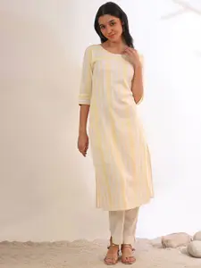 AURELIA Striped Round Neck Thread Work Straight Kurta