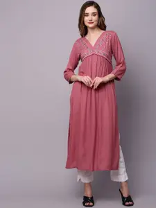 INDYES Women Floral Embroidered Thread Work Floral Handloom Kurta