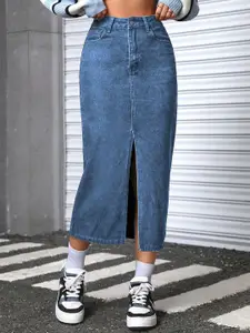 AAHWAN Denim High-Waist Slit Midi Skirt