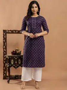 Nayo Floral Printed Round Neck Pure Cotton Straight Kurta