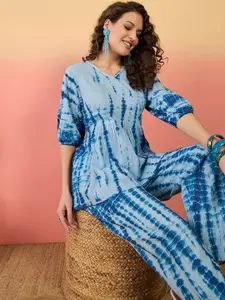 Sangria Blue Shibori Printed Kantha Work V-Neck Puff Sleeves Pure Cotton Top & Trouser