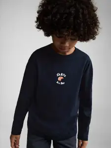 Mango Kids Boys Typography Print Drop-Shoulder Sleeves Pure Cotton T-shirt