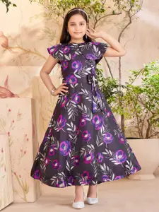 Sangria Girls Floral Printed Peter Pan Collar Sleeveless Maxi Fit and Flare Dresses