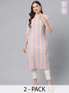 KALINI Selection Of 2 Striped Round Neck Straight Kurta