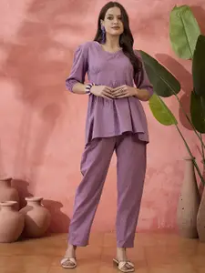 Sangria Lavender Kantha Work Woven Design V-Neck Puff Sleeves Pure Cotton Top & Trouser