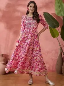 Sangria Printed & Embroidered Pure Cotton Tiered  Ethnic Dress