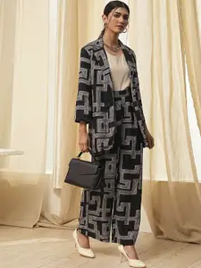 Biba Geometric Printed Shawl Neck Top With Trouser And Blazer