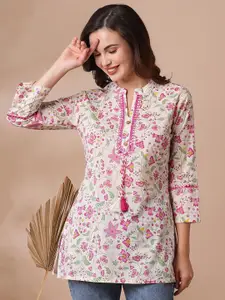 INDYES Floral Printed Mirror Work Pure Cotton Mirror Work Kurti