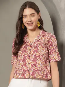 KALINI Floral Printed Roll-Up Sleeves Cotton Shirt Style Crop Top