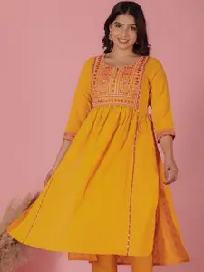 Aramya Floral Embroidered Notch Neck Pleated Thread Work Cotton A-Line Kurta