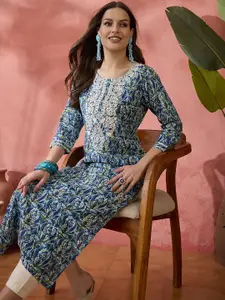 Sangria Blue Floral Printed Round Neck Embroidered Straight Kurta