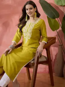 Sangria Yellow Floral Yoke Design Round Neck Straight Kurta