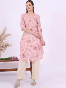 AURELIA Floral Printed V- Neck Pure Cotton Straight Kurta