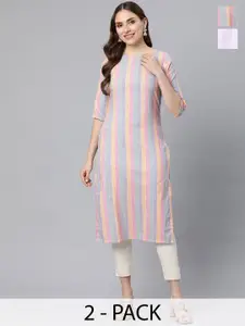KALINI Selection Of 2 Striped Round Neck Straight Kurtas