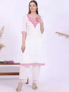 AURELIA Floral Embroidered Notch Neck Pure Cotton Kurta