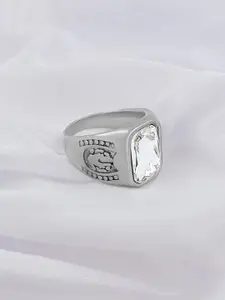 Saizen Men Sterling Silver-Plated Onyx Stone Studded Finger Ring