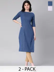 KALINI Selection Of 2 Striped Woven Design Round Neck Straight Kurta