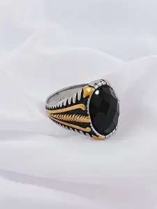 Saizen Men Sterling Silver-Plated Onyx Stone Studded Finger Ring