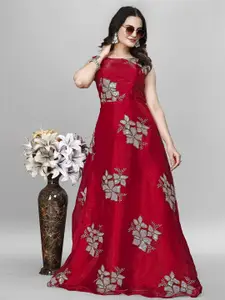 JULEE Embellished Embroidered Net Fit & Flare Maxi Dress