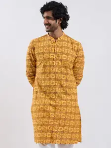 VASTRAMAY Ethnic Motifs OM Printed Mandarin Collar Cotton Straight Kurta