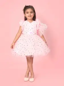 Sangria Girls Embellished Flutter Sleeve Net Fit & Flare Dress