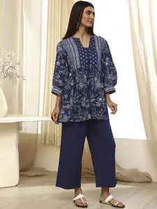 Biba Floral Printed V-Neck Pure Cotton Top With Palazzo