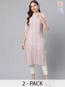 KALINI Selection Of 2 Striped Round Neck Straight Kurtas
