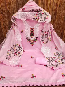 HMP Fashion Floral Embroidered Jacquard Chanderi Unstitched Dress Material