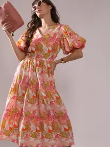 Vero Moda Women Floral Printed V-Neck Puff Sleeve Fit & Flare Midi Dress