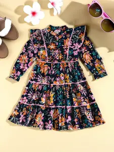 Bella Moda Girls Cotton Cuffed Sleeves Mandarin Collar Dress