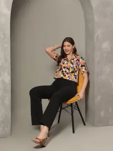 KALINI Tropical Printed Roll-Up Sleeves Cotton Shirt Style Crop Top