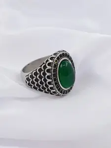 Saizen Men  Sterling Silver-Plated Onyx Stone Studded Finger Ring