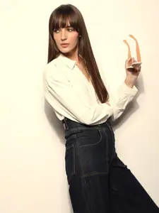 Vero Moda Women Shirt Collar Cuffed Sleeves High-Low Top