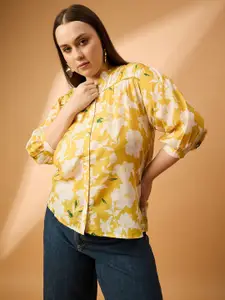 all about you Women Floral Print Mandarin Collar Puff Sleeve Top Plus-Size