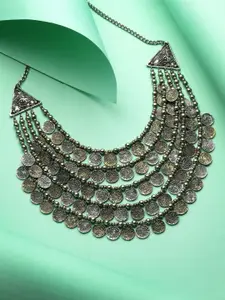 Moedbuille Silver-Plated Antique Tribal Design Oxidised Layered Afghan Necklace