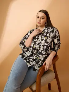 all about you Plus Size Floral Printed Mandarin Collar Puff Sleeve Shirt Style Top